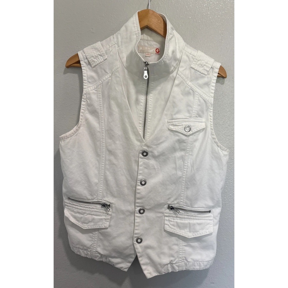 G By Guess White Utility Denim Vest Snap Button Full Zip Cargo Y2K Biker Sz L